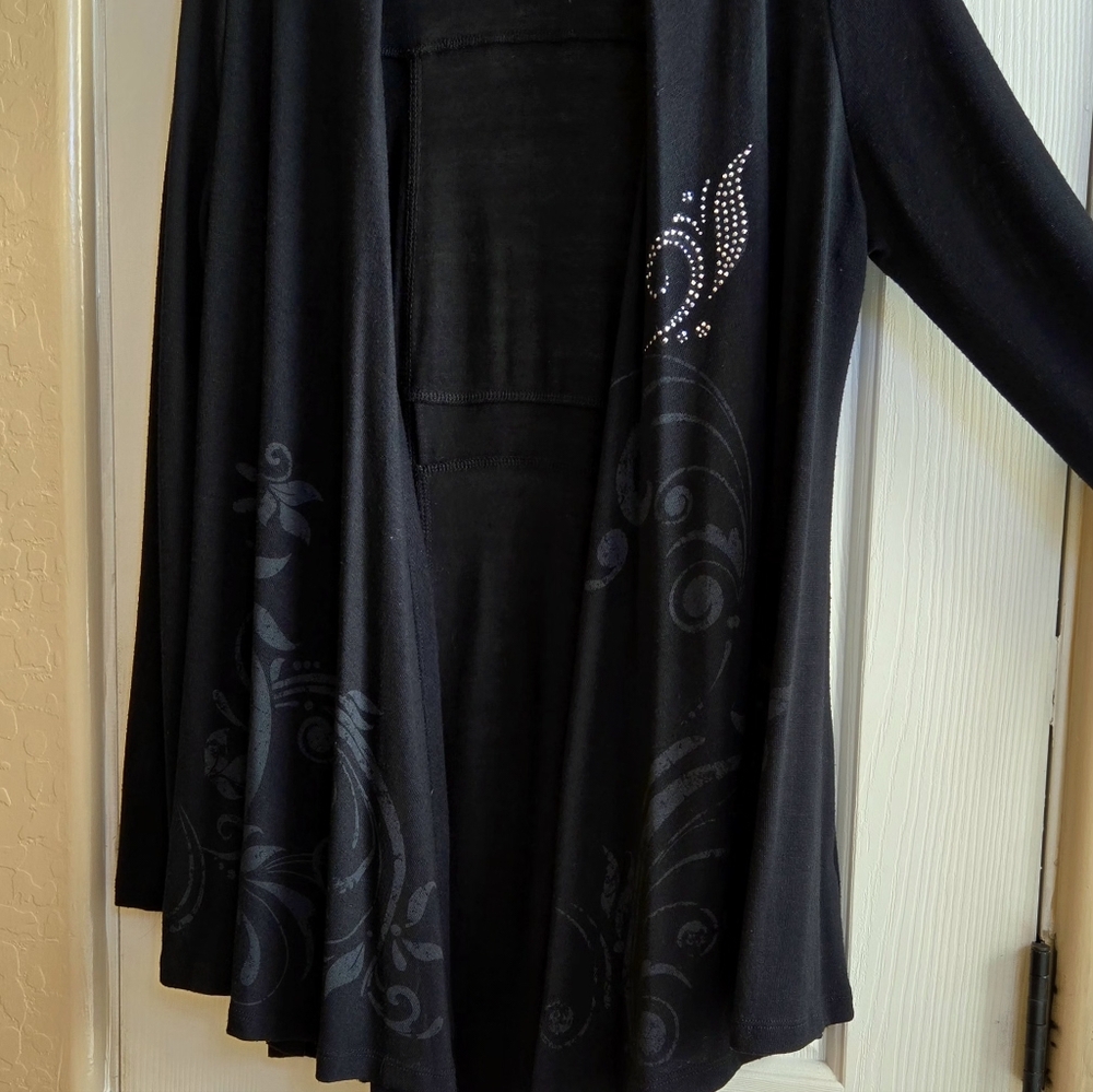 One World Embellished Open Drape Long Sleeve Black Cardigan Jacket Size Large